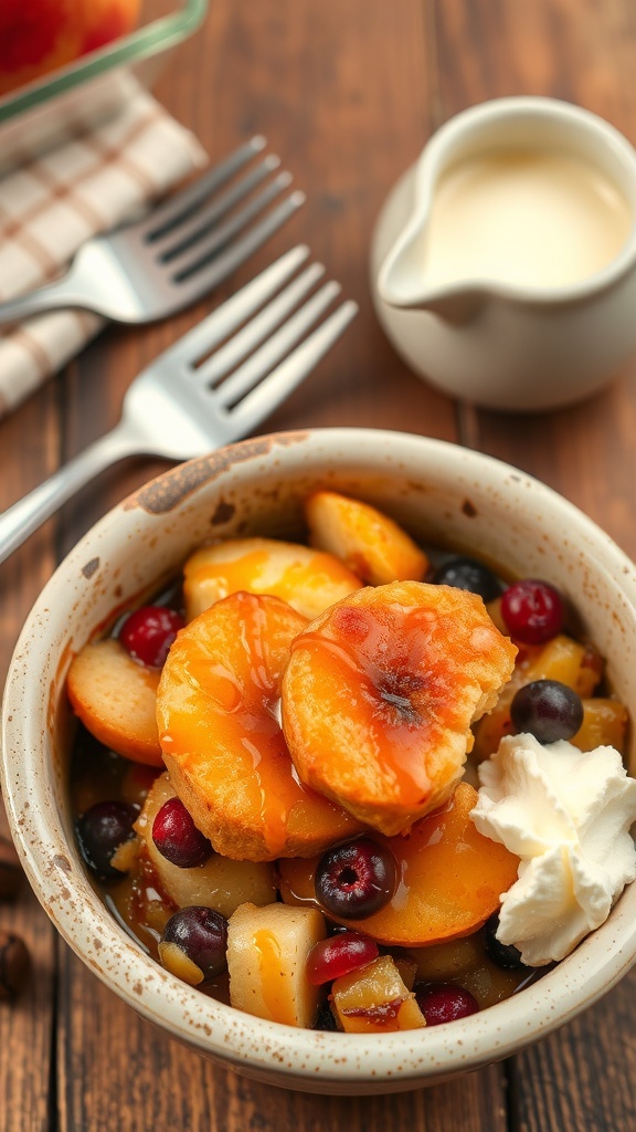 A bowl of golden brown fruit bread pudding with apples and berries, topped with caramel sauce and whipped cream.